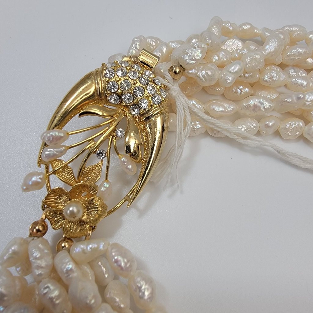 Multi-Strand Biwa Freshwater Pearl Torsade Necklace Pearl & Rhinestone Clasp
